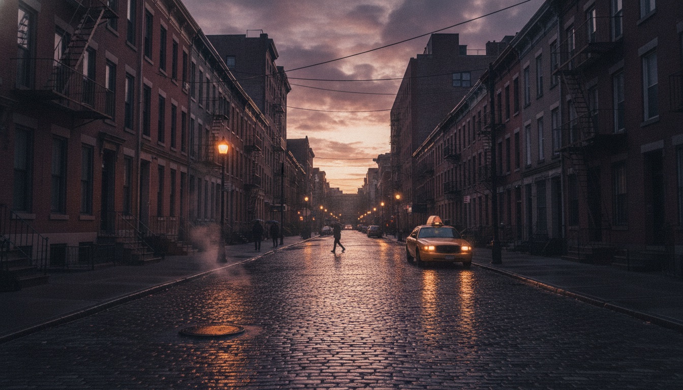 A moody Queens New York street scene at dusk with warm streetlights and long shadows