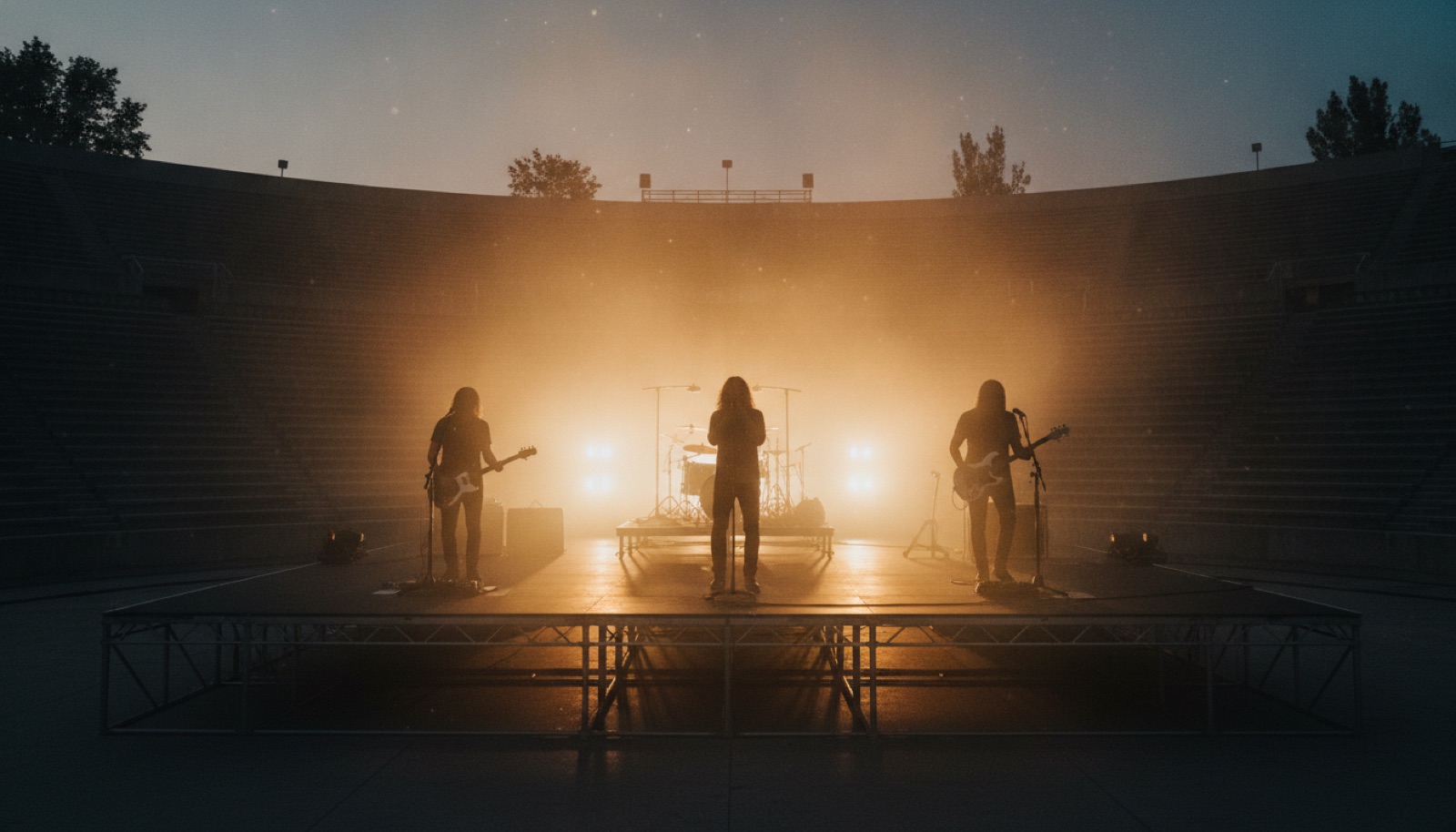 A four-piece rock band in silhouette on an outdoor amphitheatre stage under warm amber stage lighting