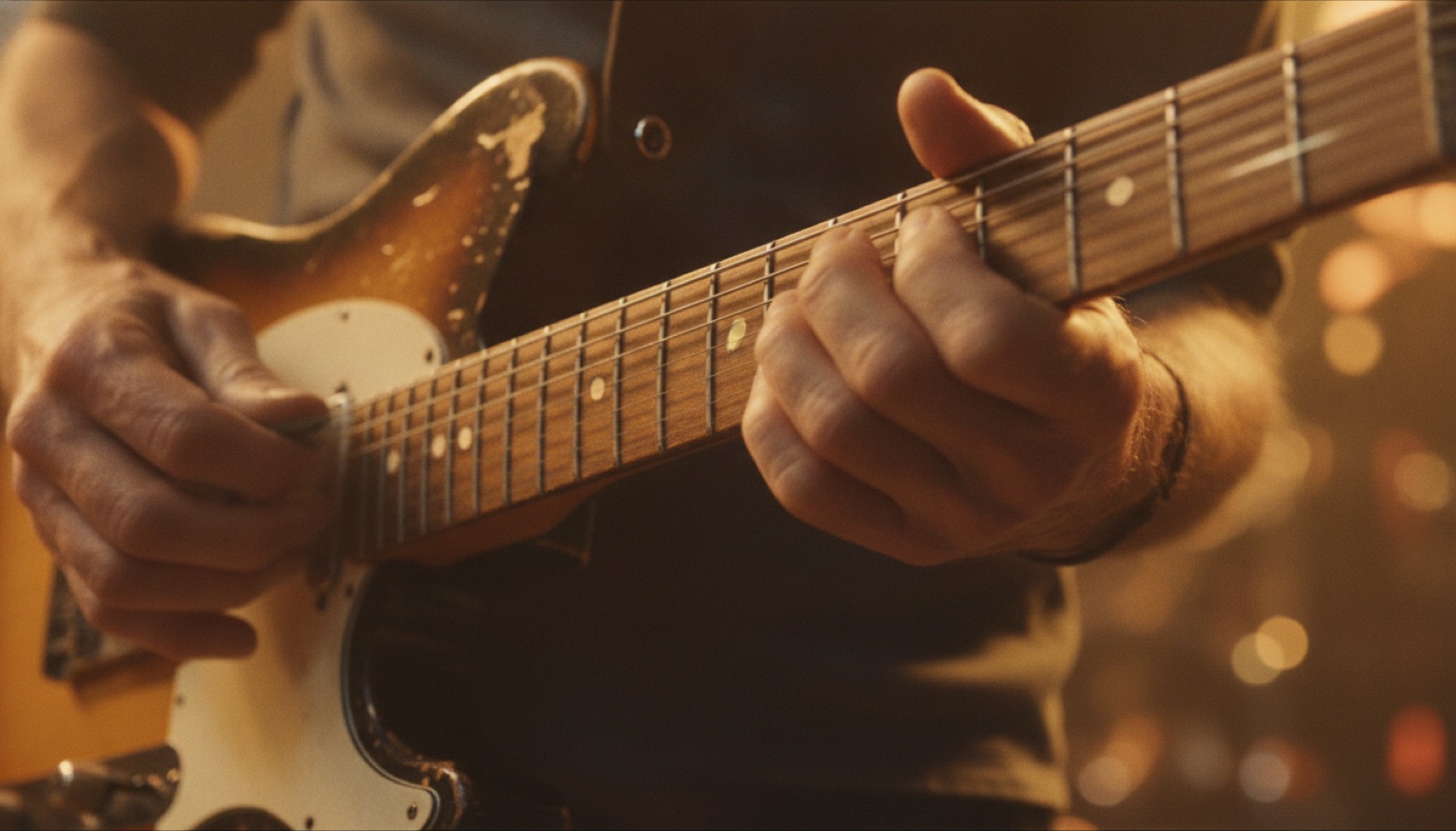 Close-up of weathered hands fingerpicking a well-worn electric guitar under warm stage light