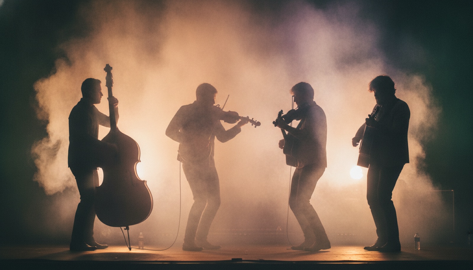A five-piece acoustic string band in silhouette on a smoky stage
