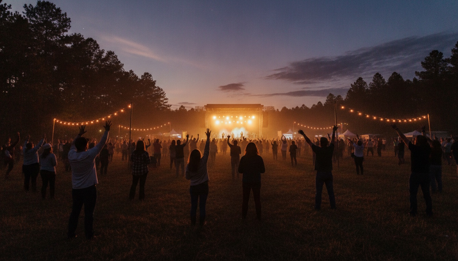 Bluegrass festival crowd at dusk facing a glowing stage under string lights