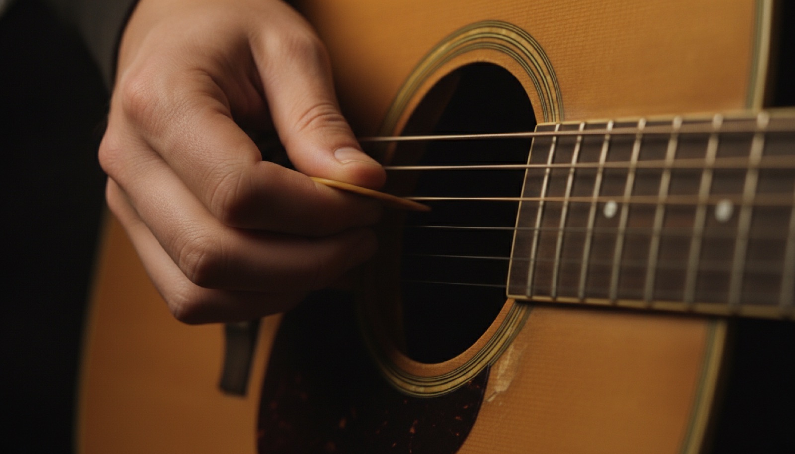 Close-up of a hand flatpicking a bluegrass acoustic guitar