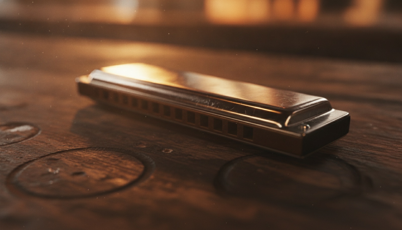 A close-up of a chrome harmonica catching warm stage light against a dark background