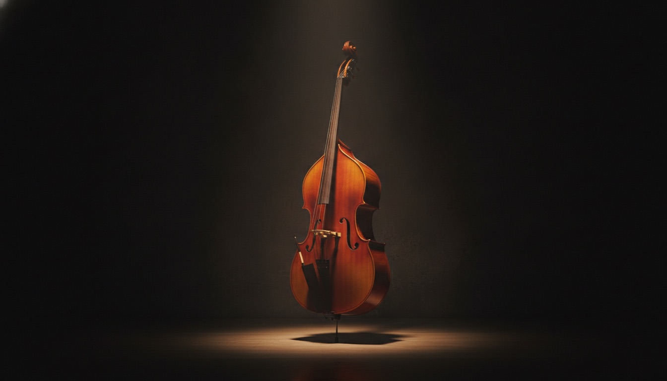 An upright double bass standing in dramatic low light, its wood grain glowing warm against deep shadow