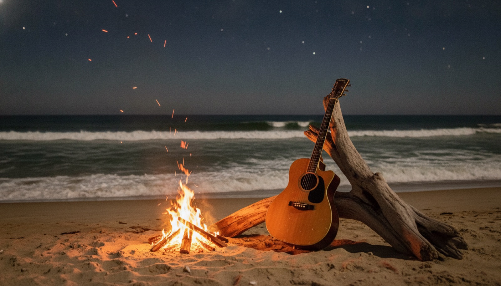 An acoustic guitar leaning against driftwood beside a small beach bonfire under a starry night sky