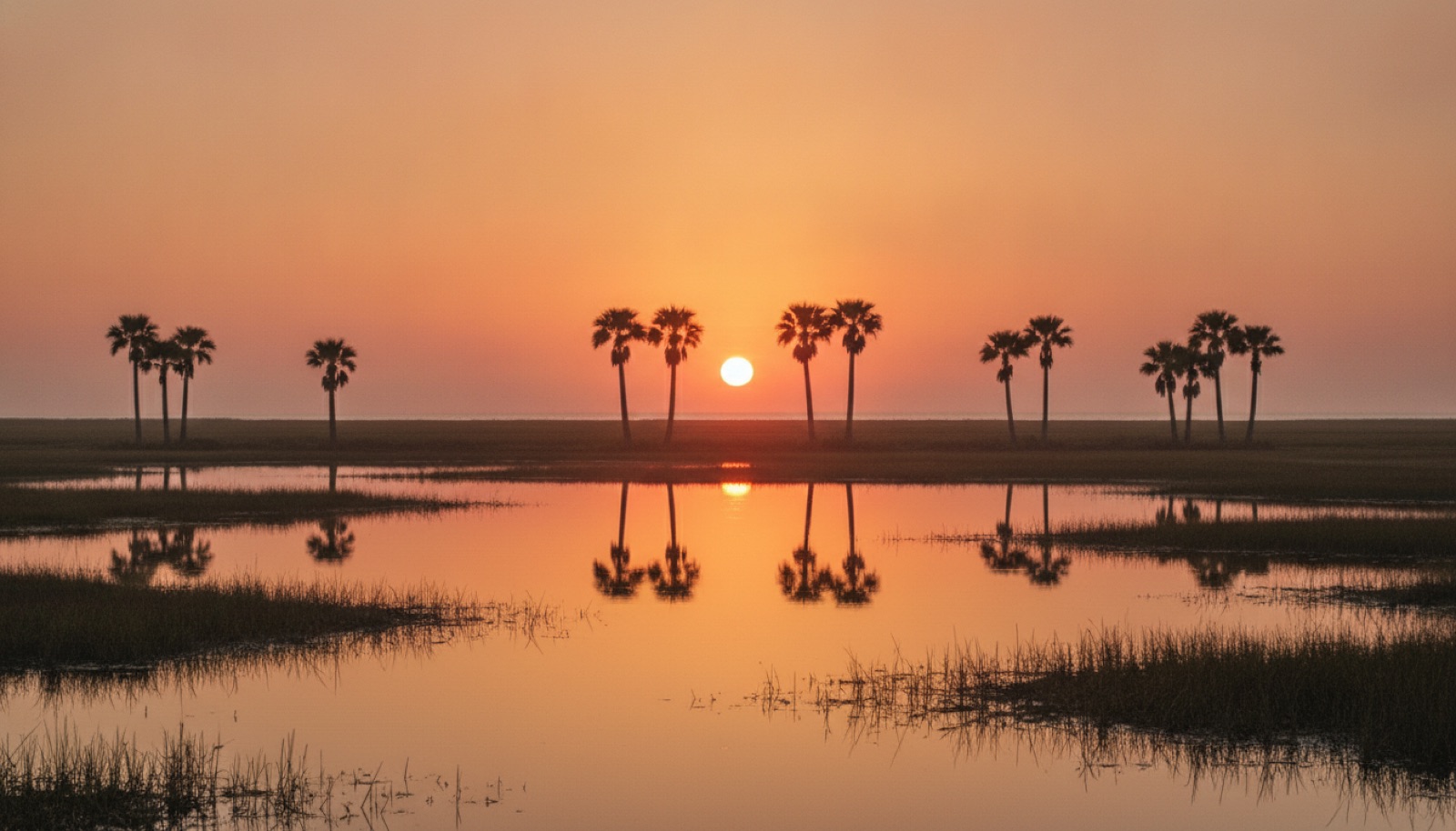 Palmetto trees silhouetted against a coral and gold Lowcountry sunset over a calm marsh