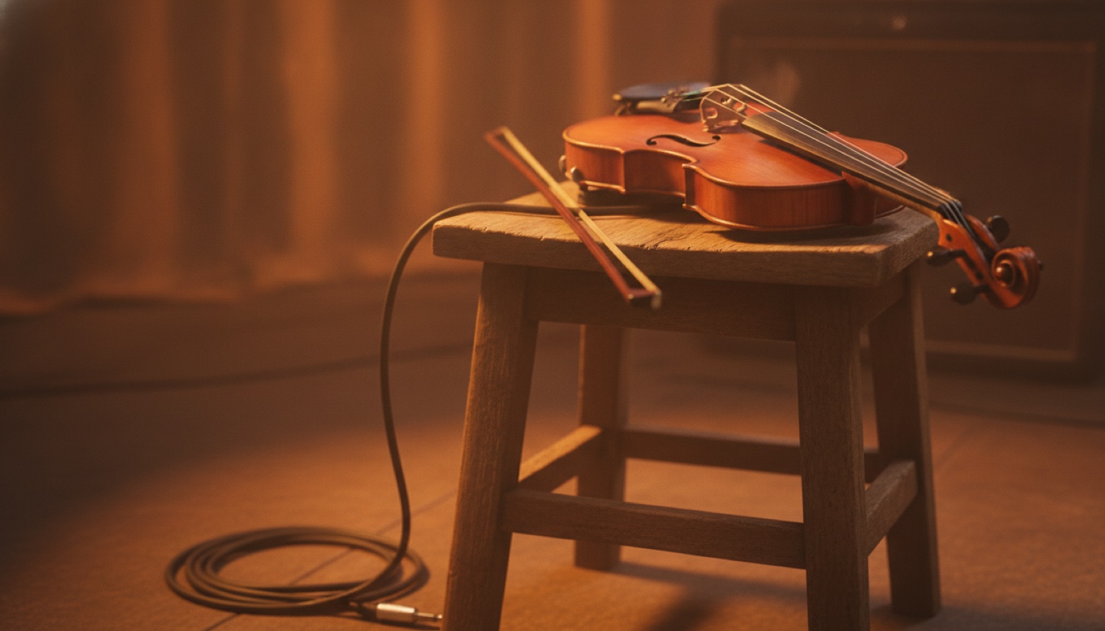 A violin resting on a stool bathed in warm amber stage light beside a coiled instrument cable