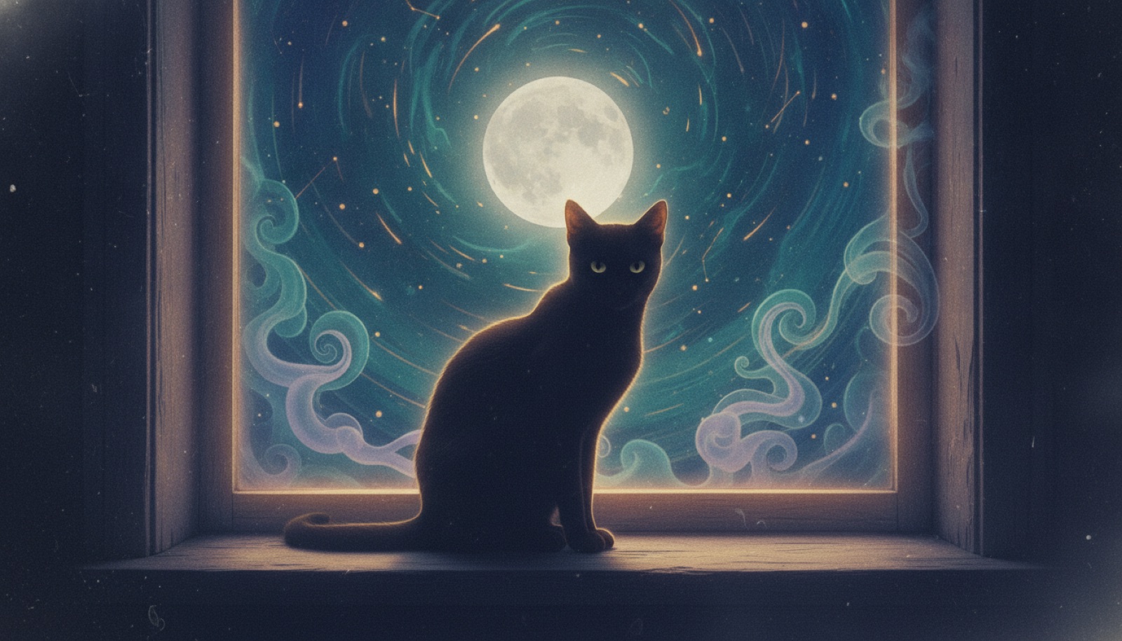 A sleek black cat sitting in moonlight amid wisps of smoke, deep indigo night