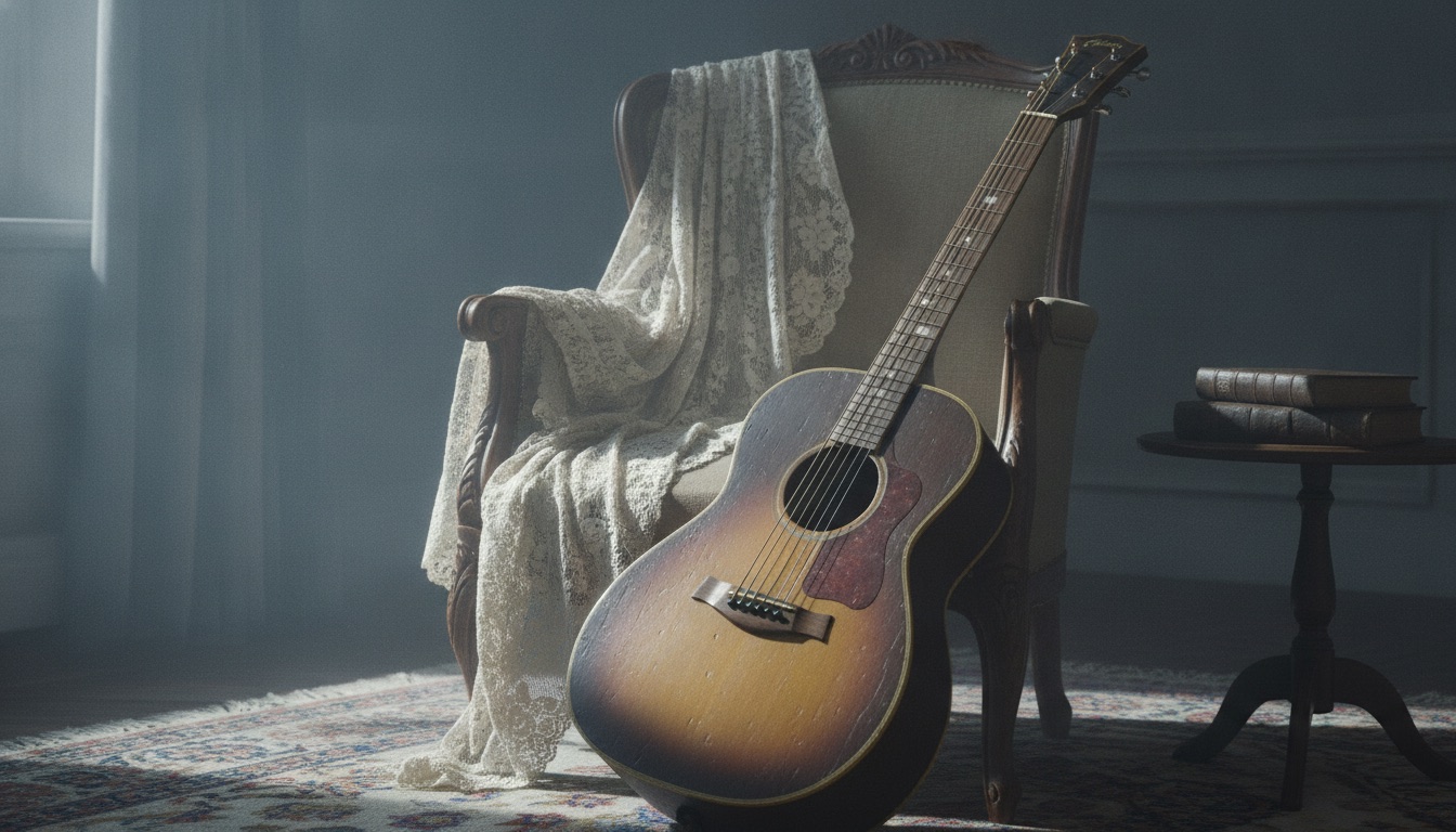 A vintage acoustic guitar and a lace shawl on a wooden chair in soft silver morning light