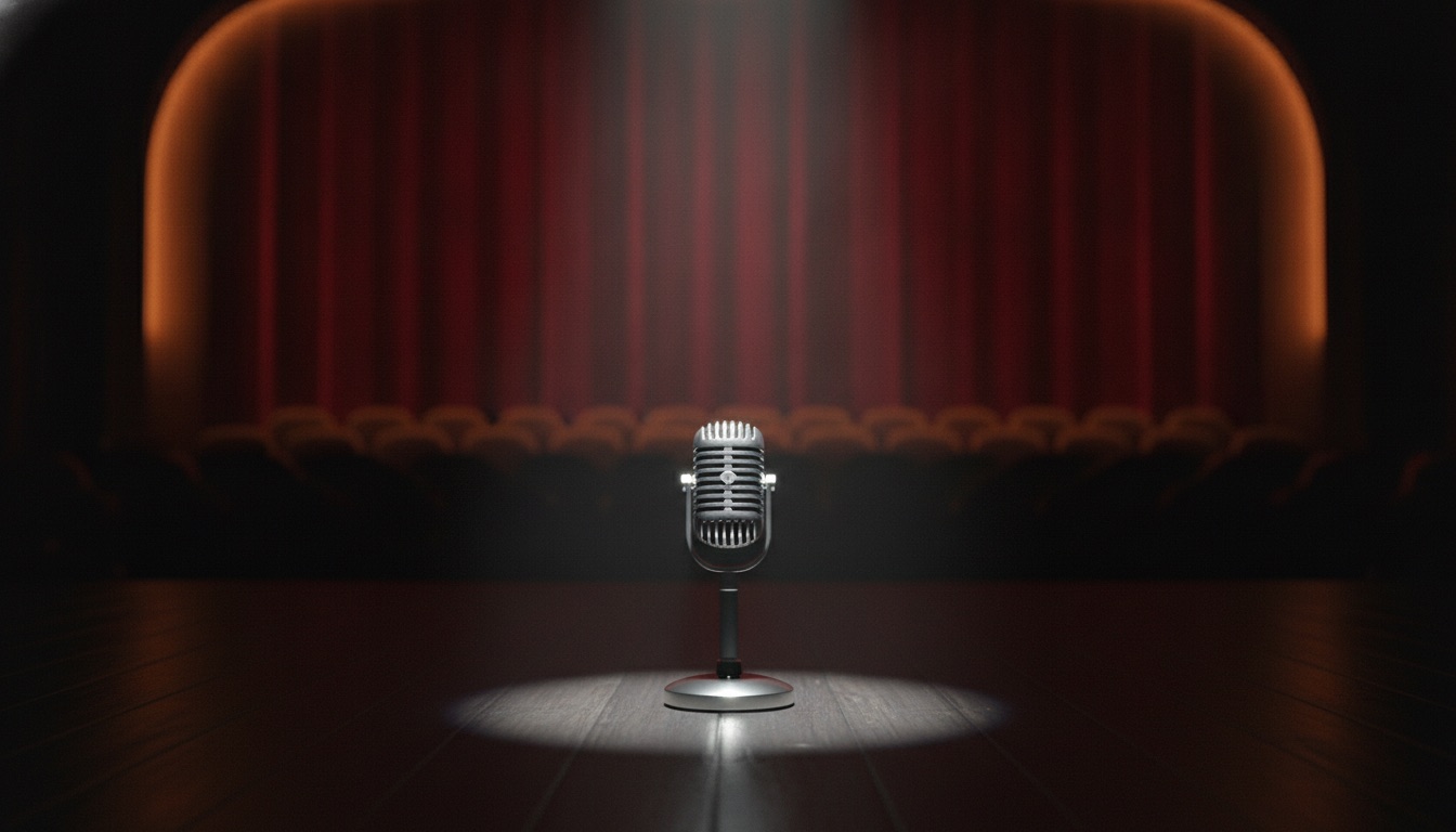A single microphone under a soft silver spotlight on a dim stage, elegant and warm