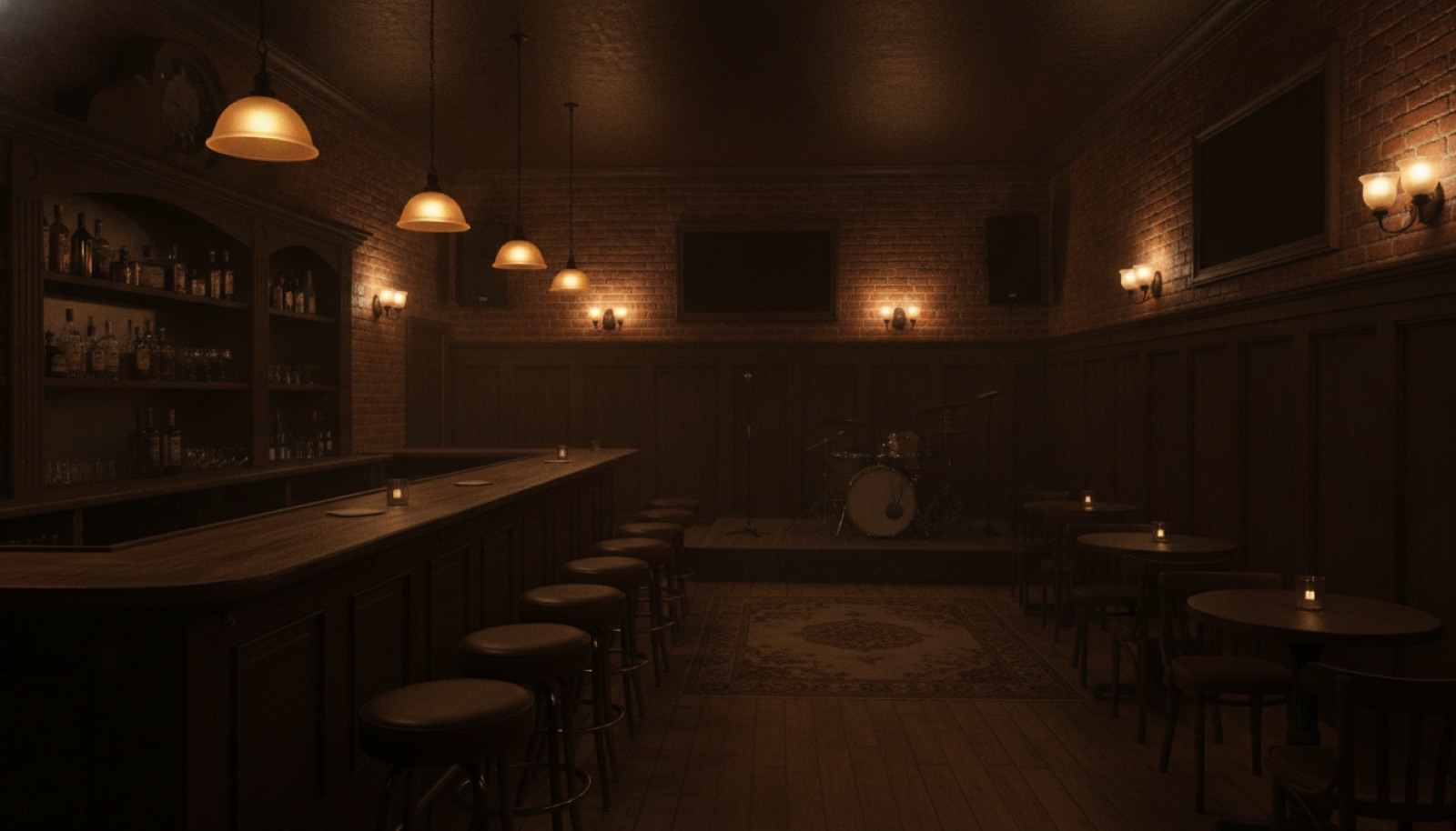 A weathered acoustic guitar leaning against a dim juke joint wall lit by a single bulb