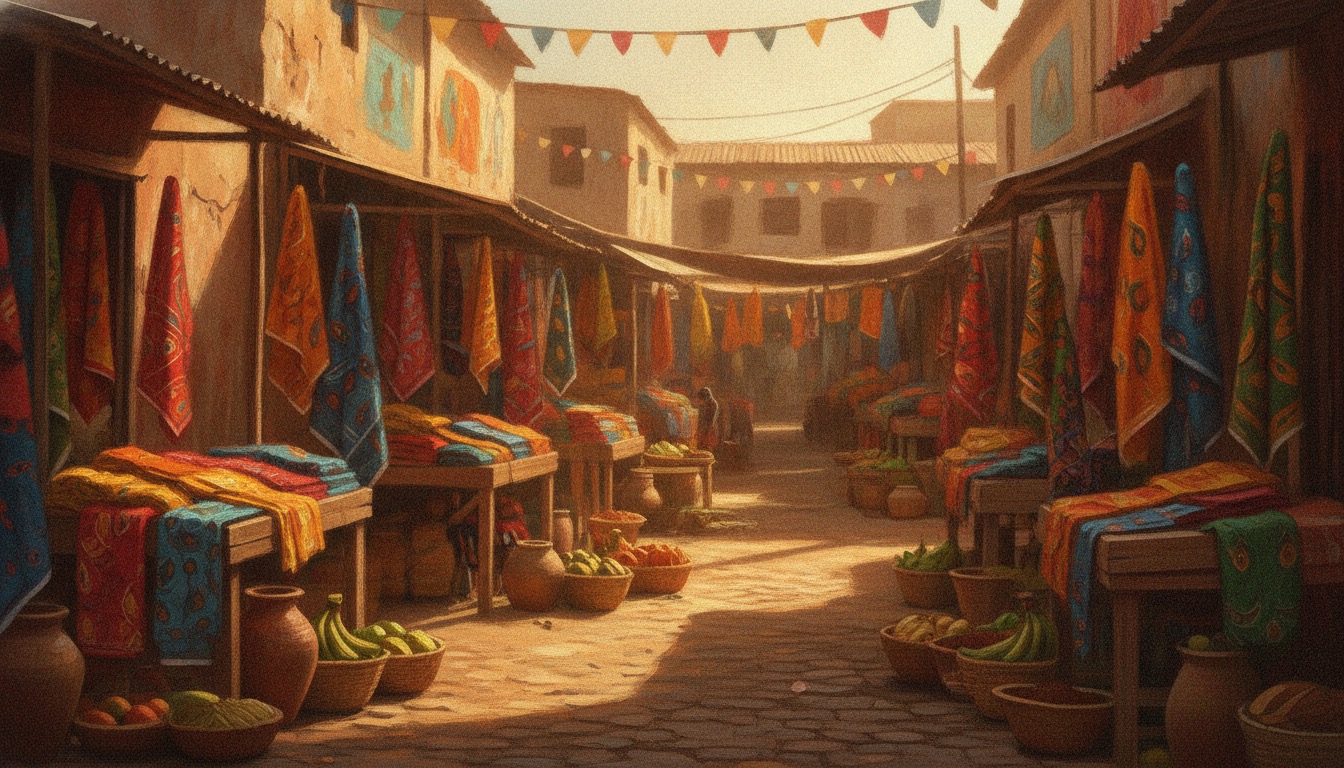 A bustling West African street market at golden hour with vivid fabrics and colors, lively