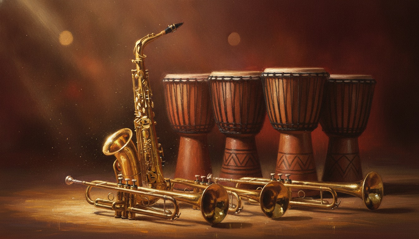 Brass saxophones, trumpets, and African drums arranged together on a dim stage in warm light