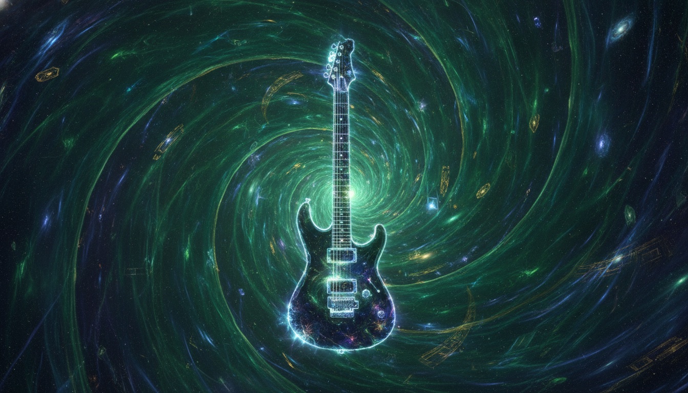 A psychedelic swirl of deep green and purple light around a glowing electric guitar, cosmic and heavy