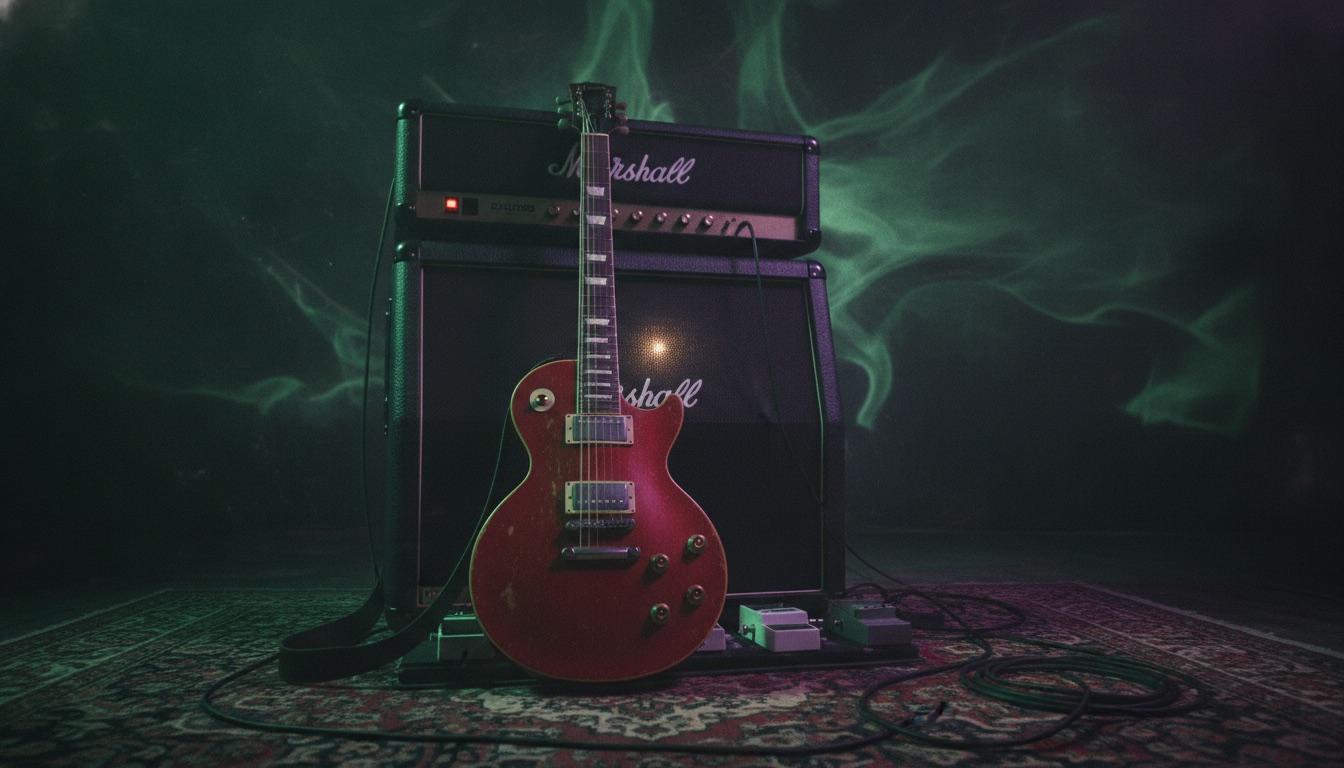 An electric guitar leaning against an amp under moody green and purple light, heavy and psychedelic