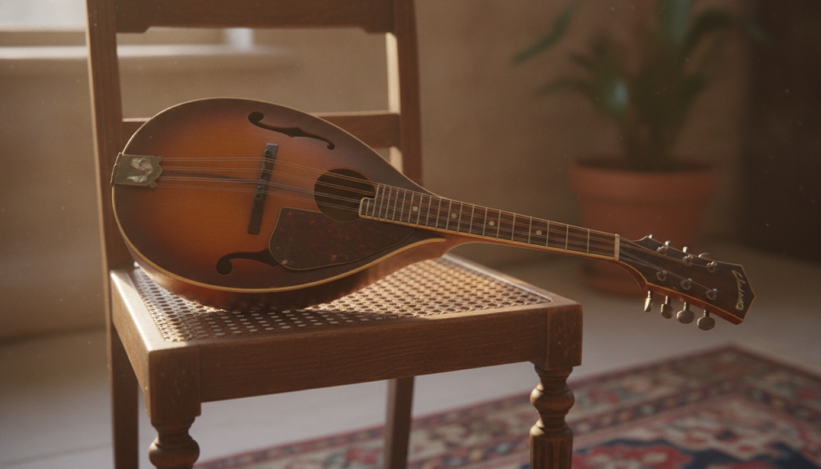 A mandolin and an acoustic guitar leaning together against a wooden porch chair
