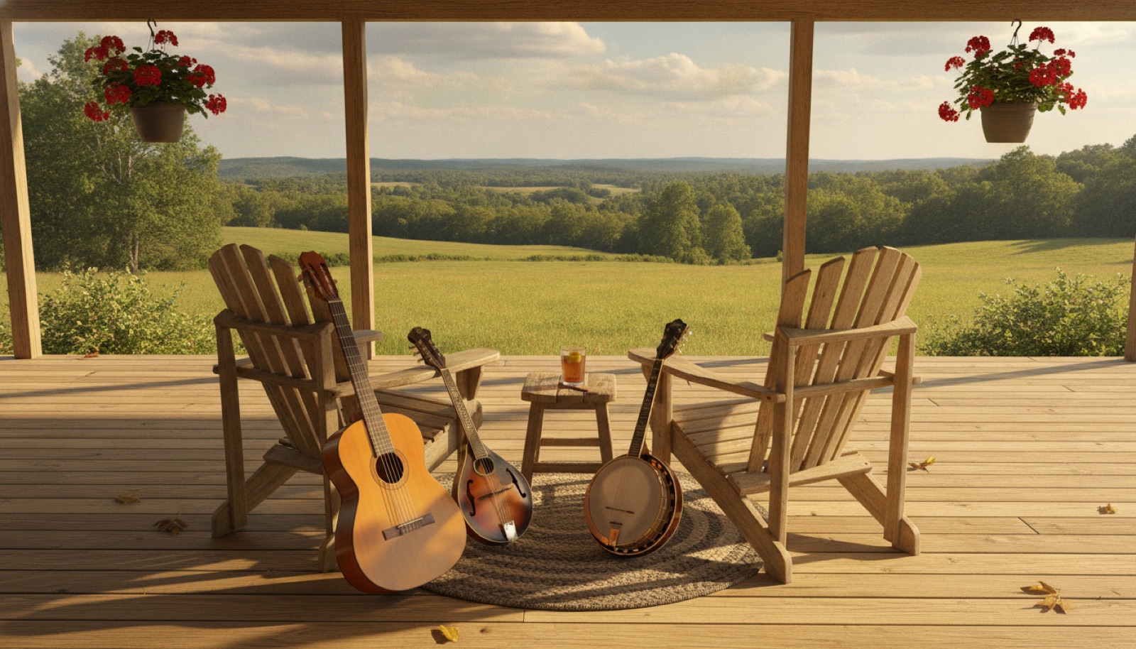 Two acoustic instruments resting on a quiet wooden porch at golden hour