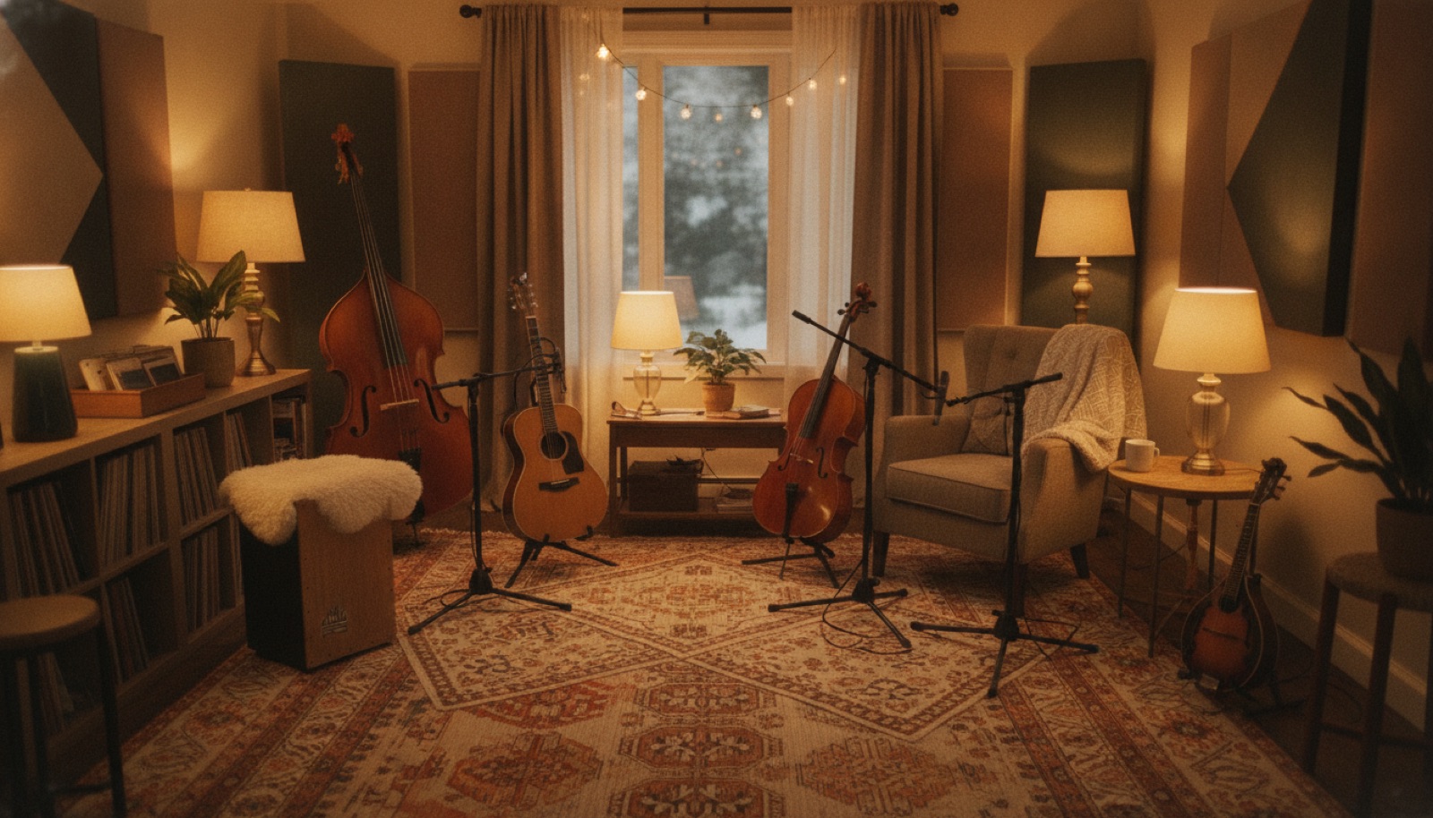 Two musicians facing each other in a small home studio, guitar and mandolin in hand