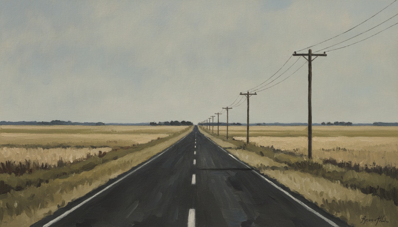 An empty two-lane blacktop highway stretching through flat Southern farmland under a wide overcast sky