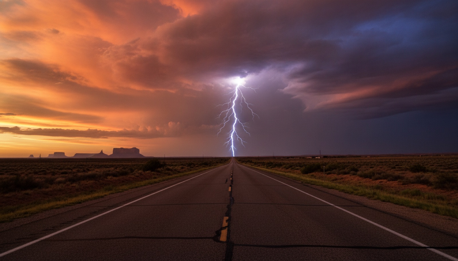 Lonely desert highway at dusk under a sky split by forked lightning