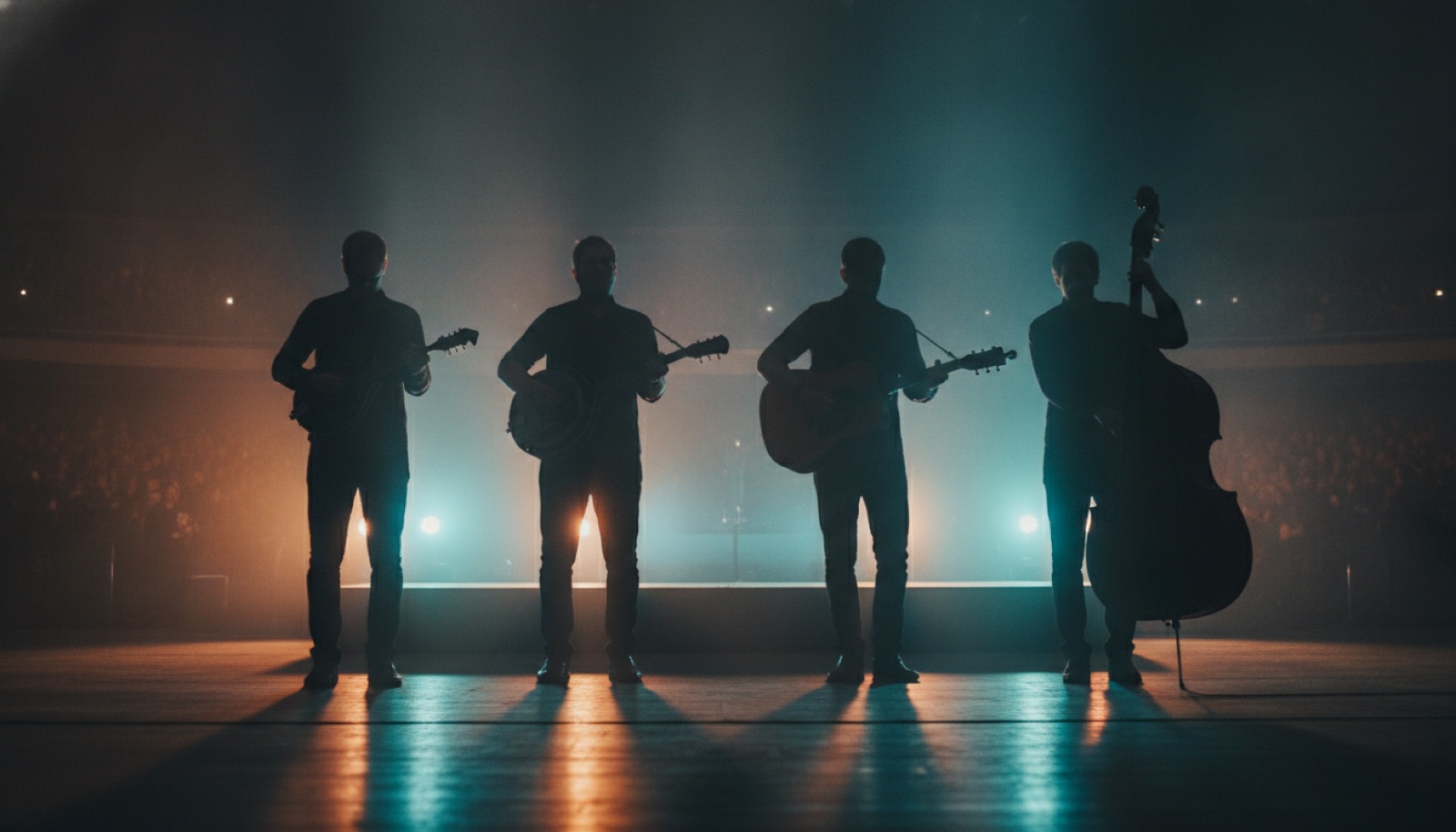 A five-piece acoustic string band on a smoky, warmly lit stage