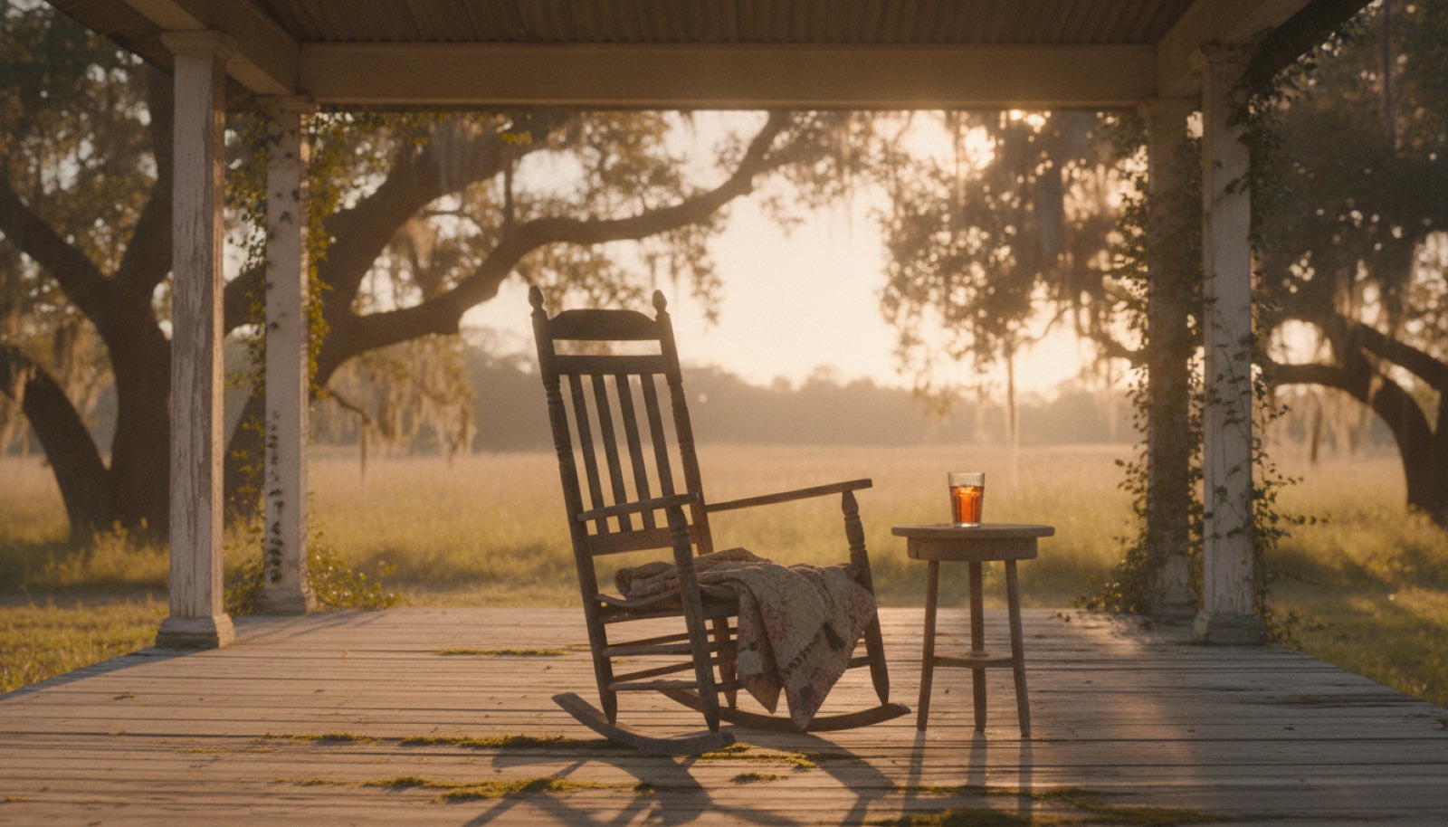 A wooden porch at dusk with a guitar leaning against a rocking chair, warm lamplight through a screen door