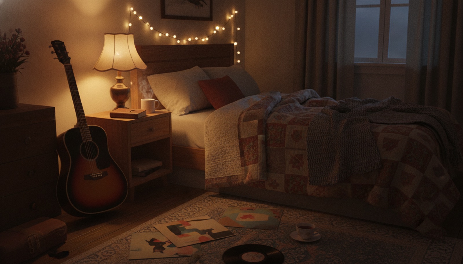A dim spare bedroom with a four-track tape recorder, cables, and a single microphone on a stand