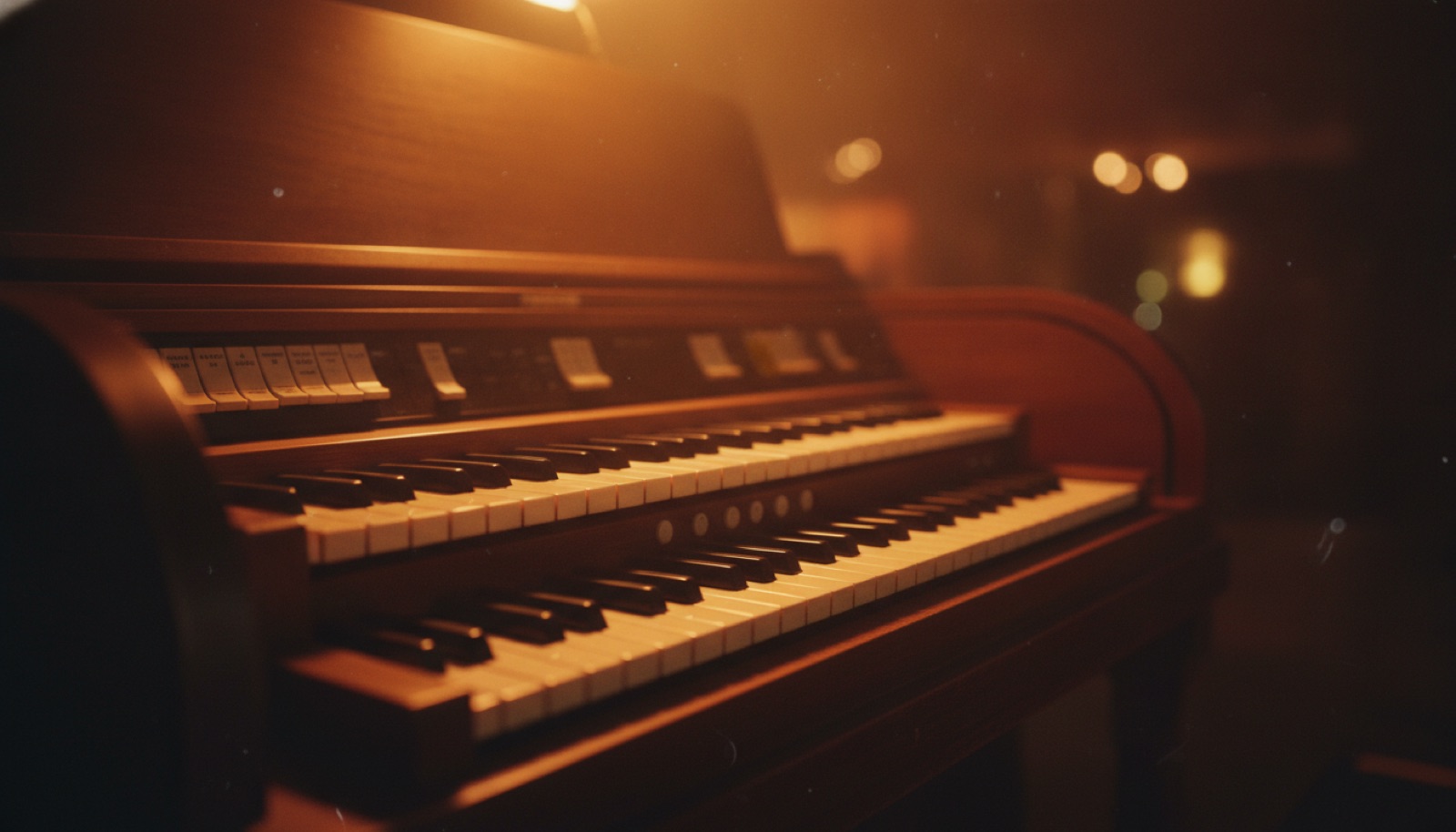 Close-up of a Hammond organ under warm stage light
