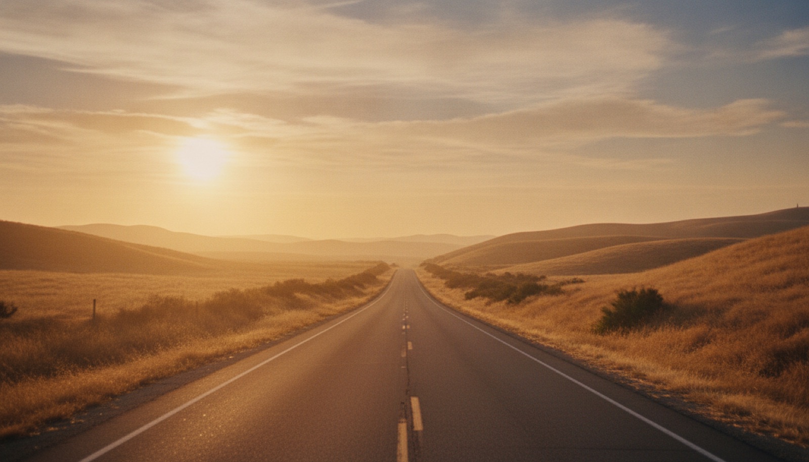 An open road stretching toward the horizon under a warm, hazy sky
