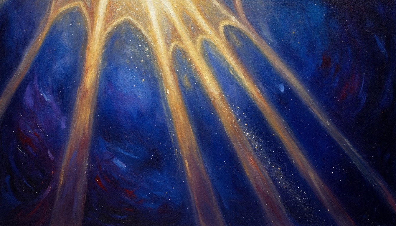 Radiant abstract shafts of golden light piercing deep indigo darkness, cathedral-like and spiritual