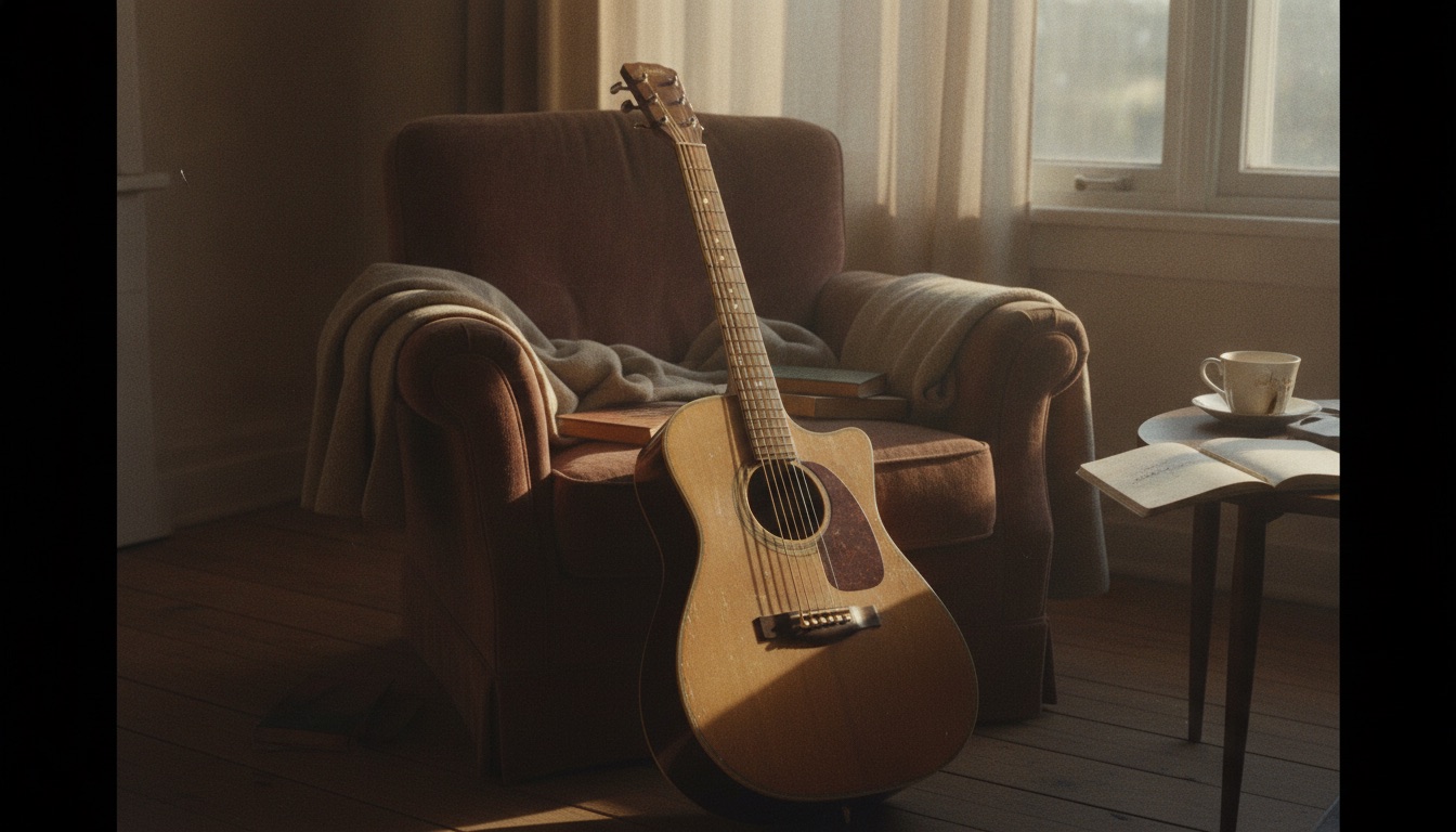 An old acoustic guitar resting on a worn armchair beside a window, soft late-day light, homey and lived-in
