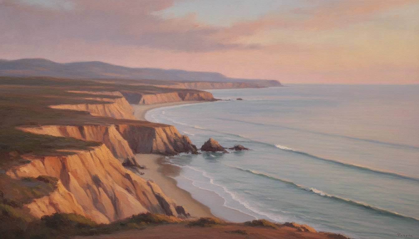 A wide California coastline at dusk, sandstone cliffs and calm ocean under a soft pastel sky