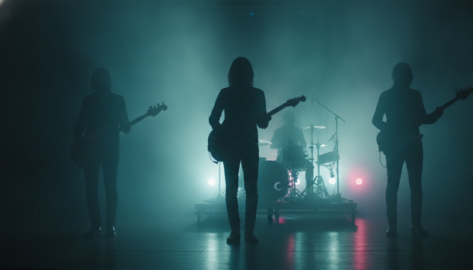 Three musicians in silhouette on a dim stage bathed in warm colored light