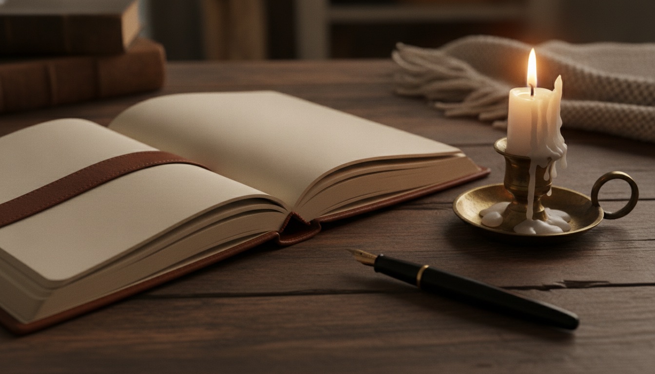 An open leather notebook with a fountain pen beside a burning candle on a dark wooden desk, warm gold light