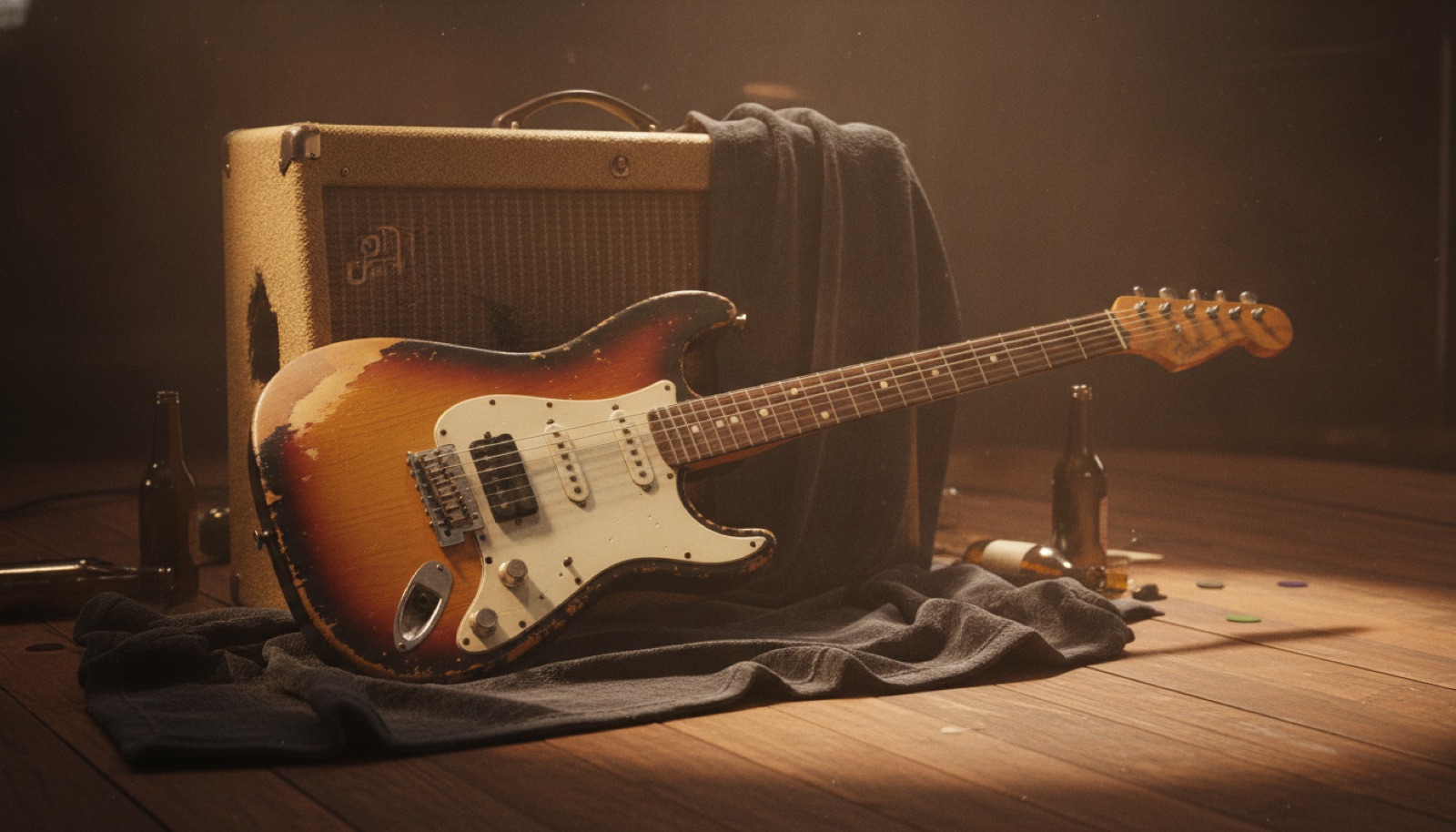 A weathered black electric guitar leaning against an old wooden barn wall