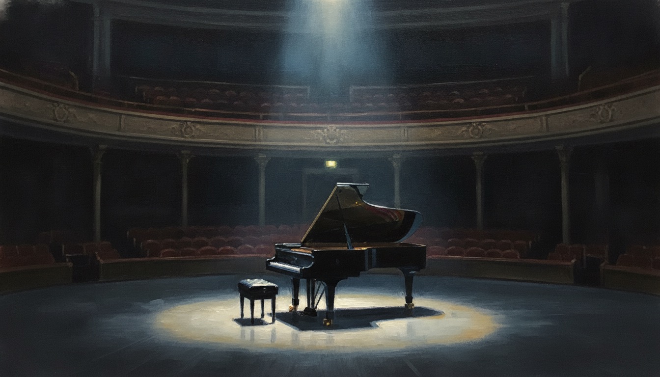 A lone black grand piano in an empty darkened concert hall under a single overhead spotlight