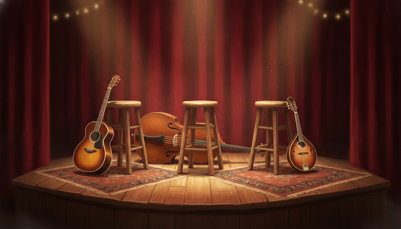 Three empty wooden stools on a small stage with acoustic instruments leaning against them under warm stage light