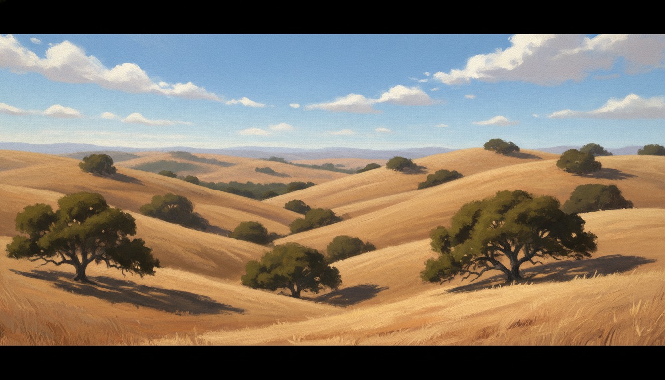 Rolling golden California foothills dotted with oak trees under a bright midday sky