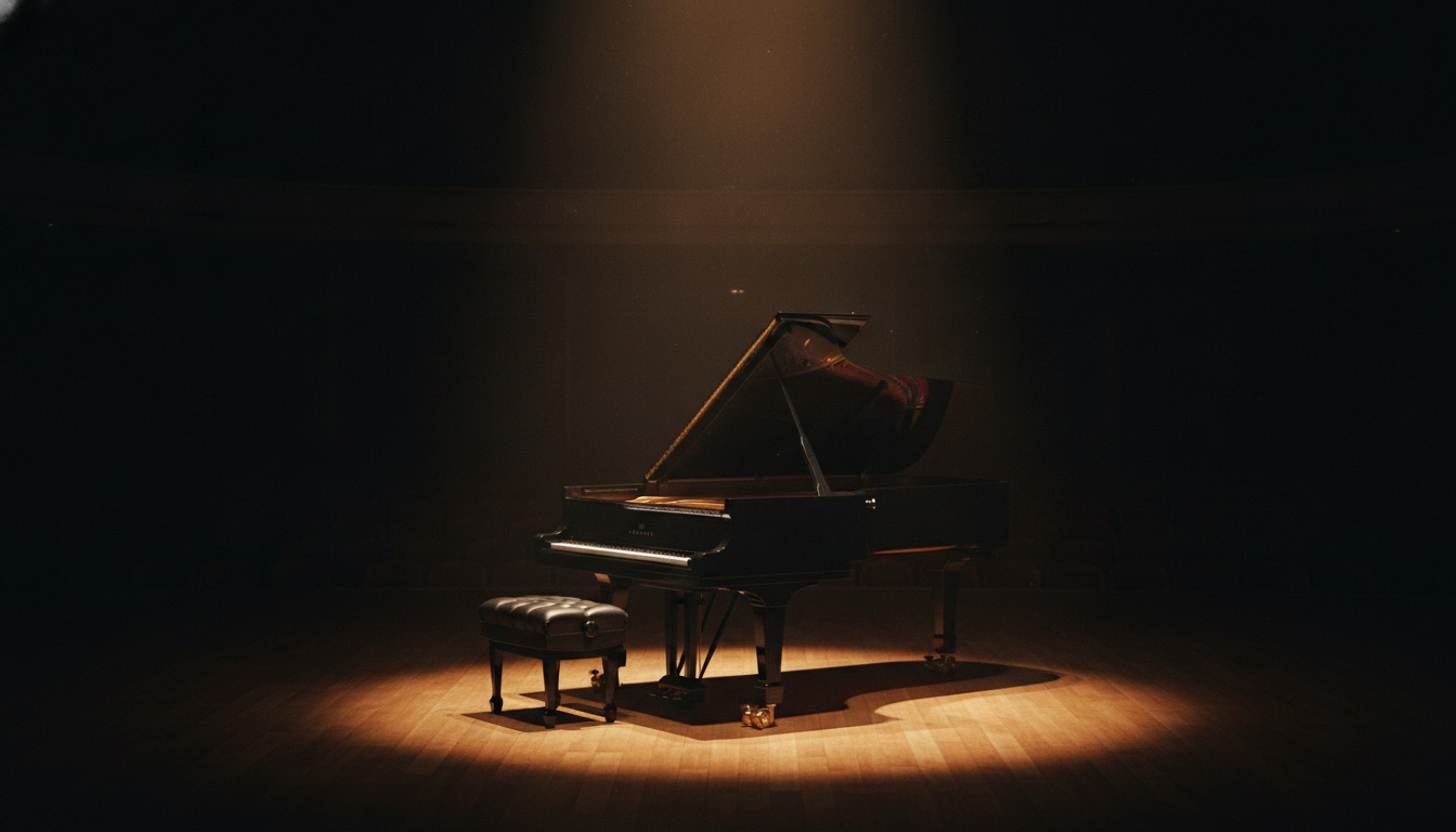 A grand piano on a dim stage under a single warm spotlight, an empty stool, regal and still