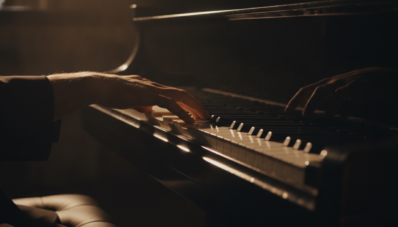 Hands on piano keys in warm amber light with deep shadow, poised and deliberate
