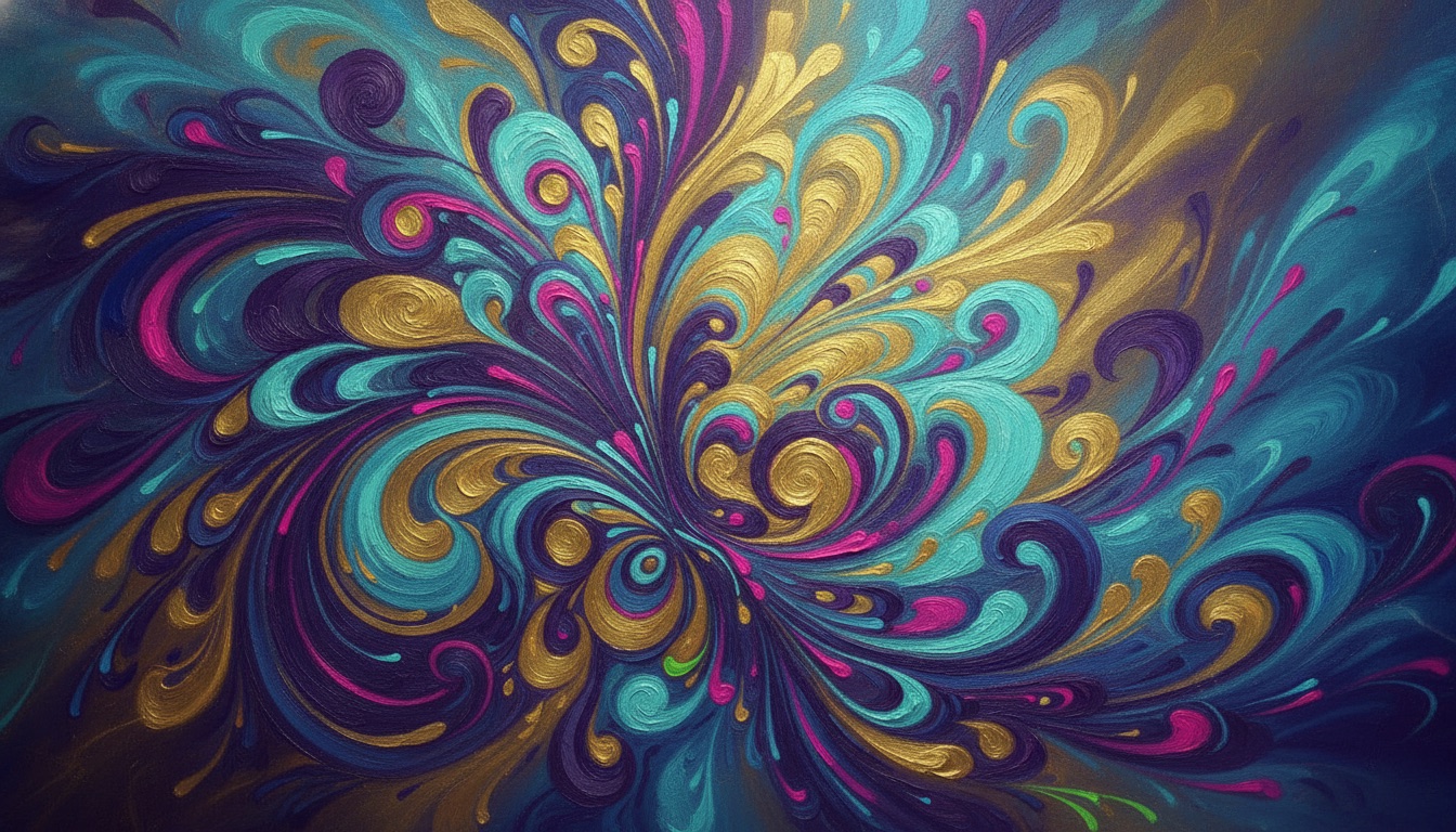 A colorful funk-inspired abstract of swirling purple, teal, and gold light, energetic and psychedelic