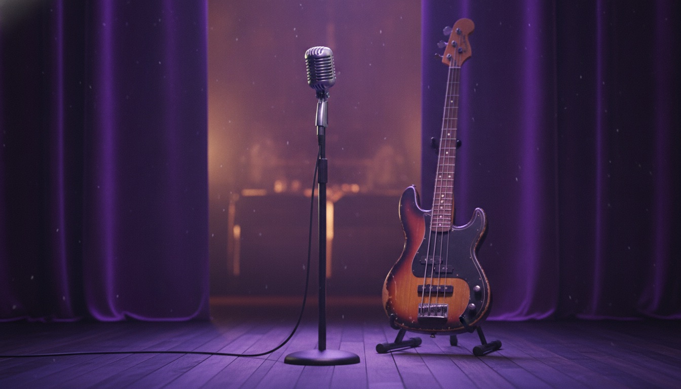 A vintage microphone and a funk bass under warm purple stage light, stylish and soulful