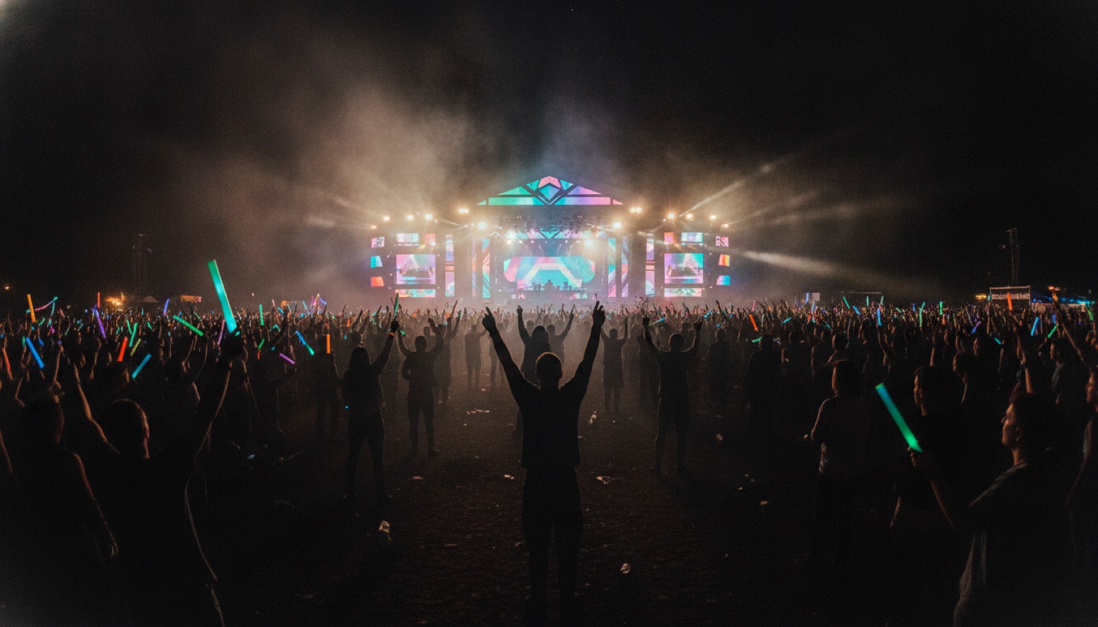 A dense outdoor concert crowd under string lights and colorful stage haze at night