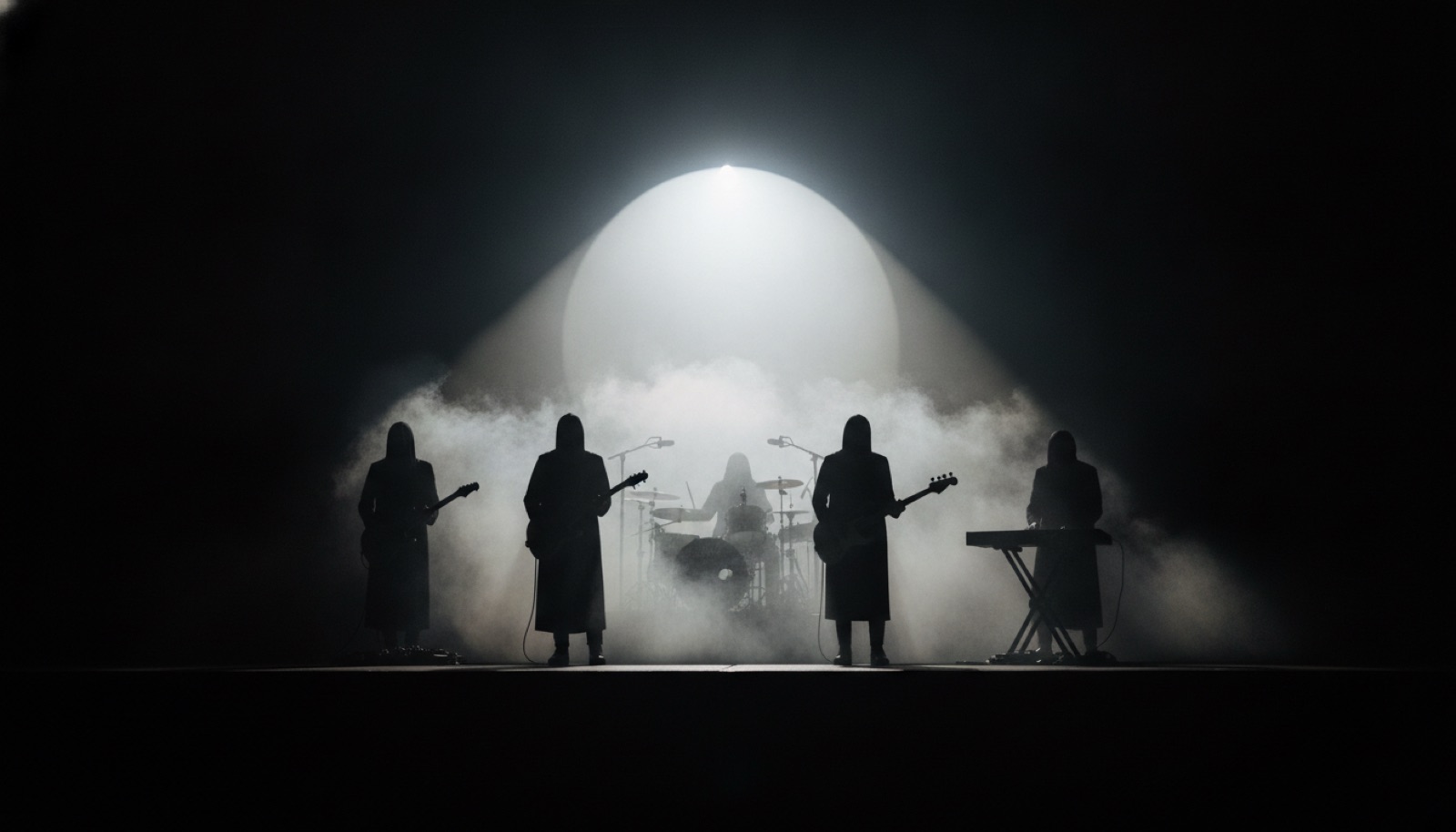 Musicians in silhouette on a vast dark stage under a single circular spotlight and haze