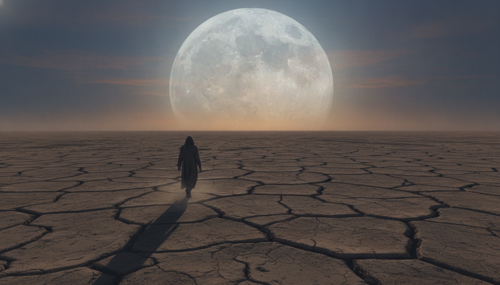 A lone figure walking across an endless cracked desert under an enormous pale moon