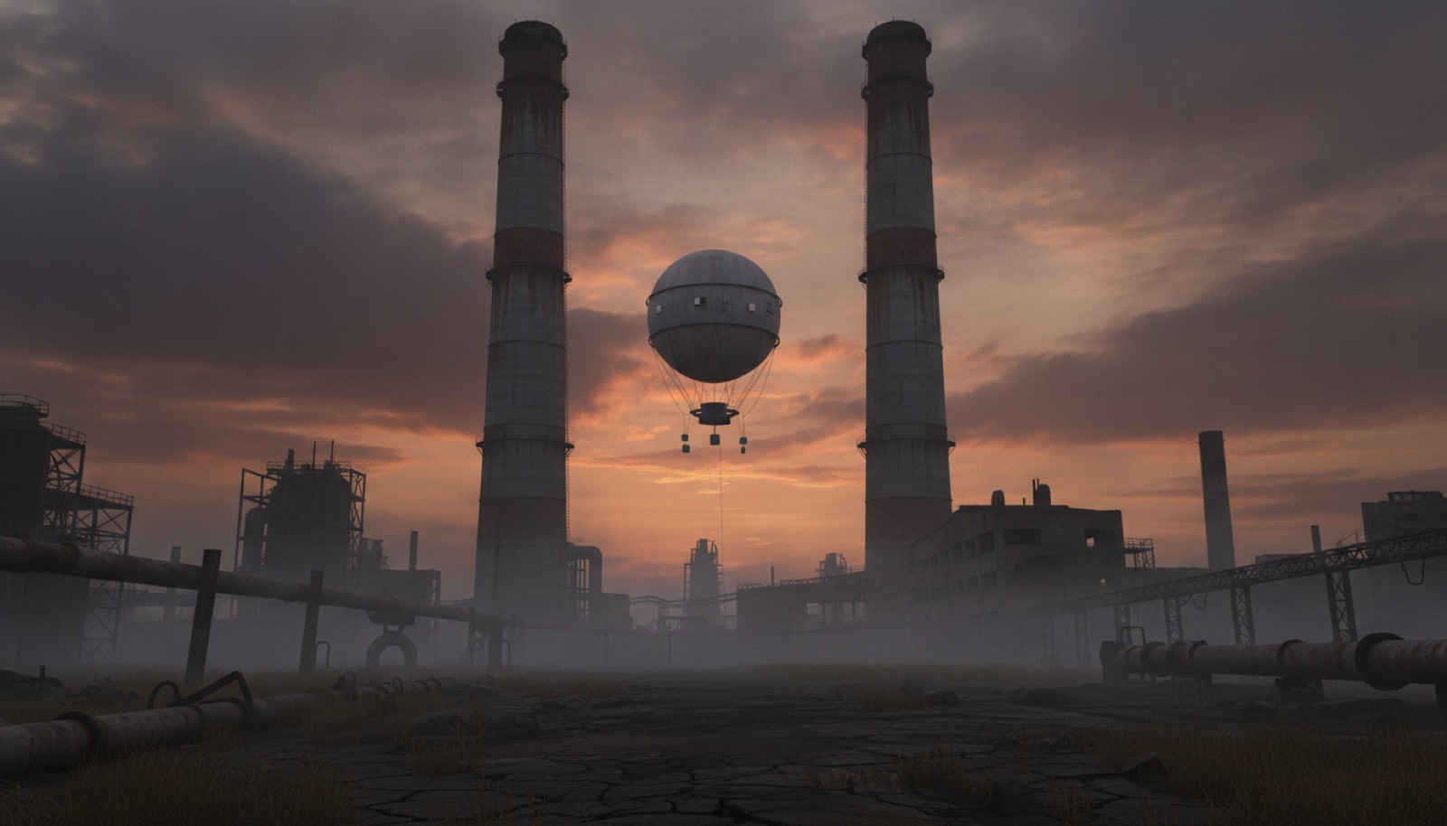 Two industrial smokestacks against a bruised twilight sky with a lone balloon drifting between them