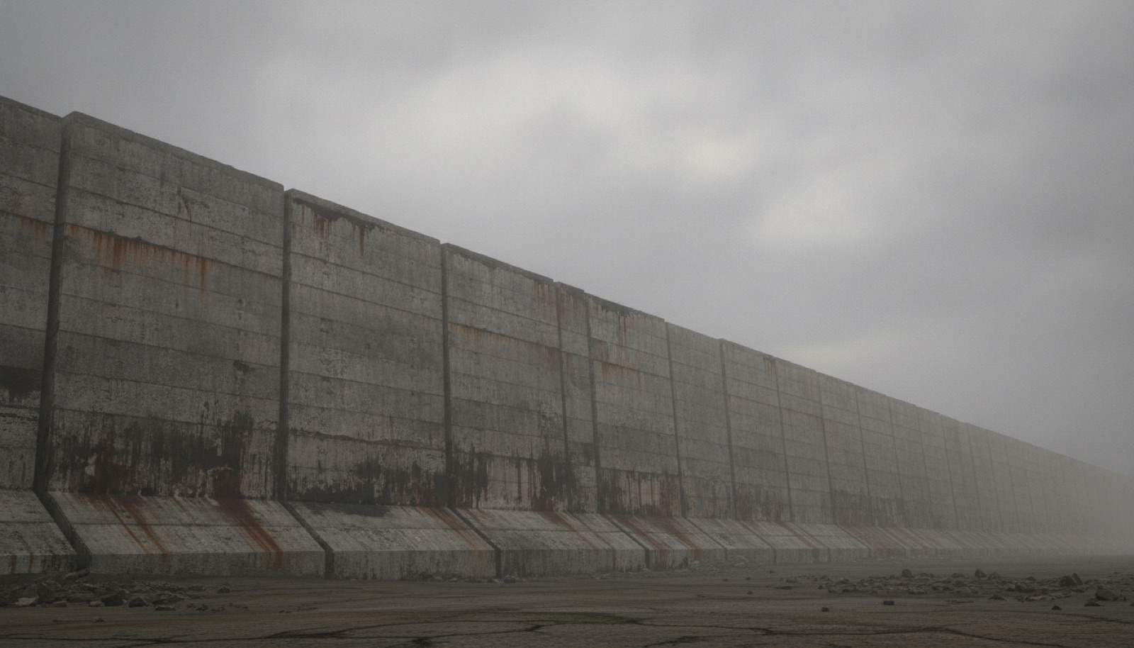 An immense weathered concrete wall stretching into fog under a grey sky