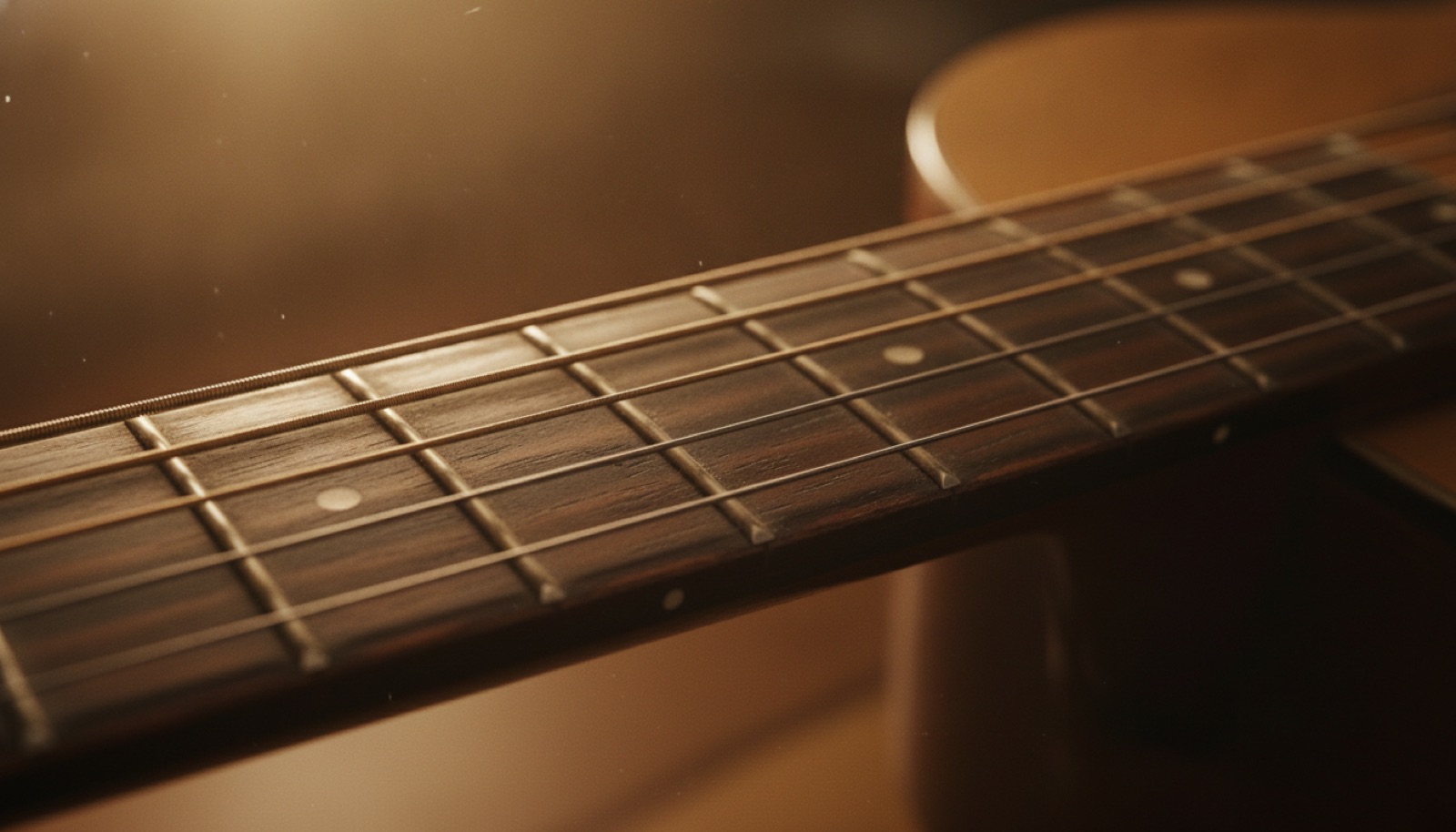Close-up of guitar and mandolin strings catching warm light