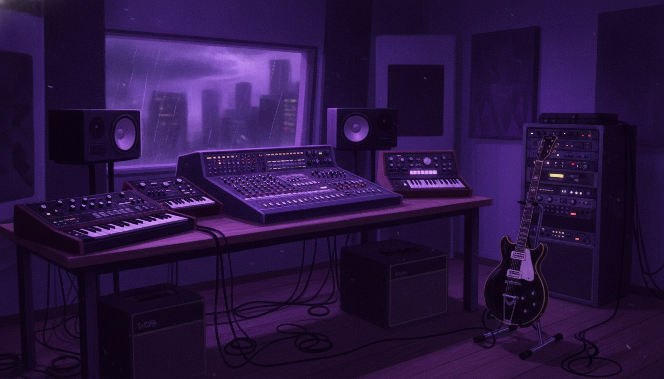 A purple-lit recording studio with vintage synthesizers, a mixing console, and an electric guitar on a stand