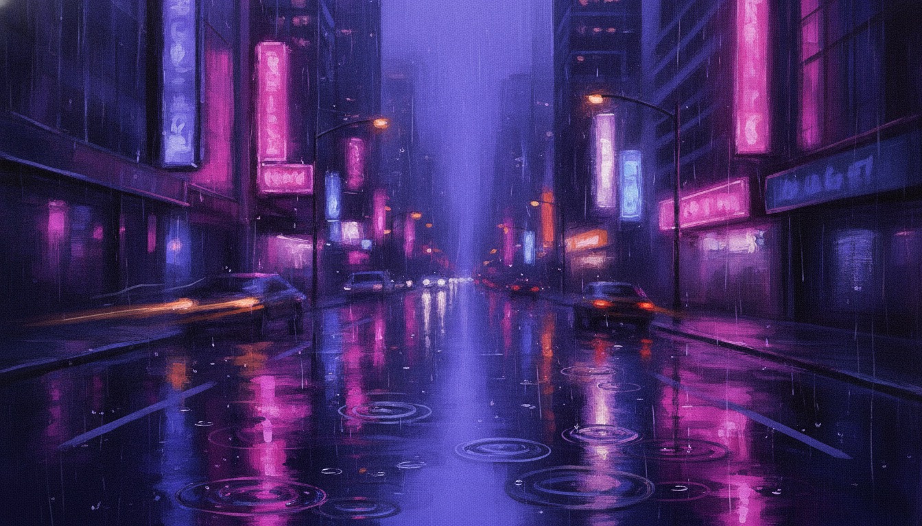 Rain falling on a city street at night with purple and magenta neon reflections on wet asphalt